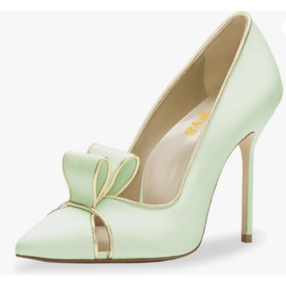 Fys Light Green Pointed Toe Bow Pumps Slip On Stiletto High Heels Elegant Shoes